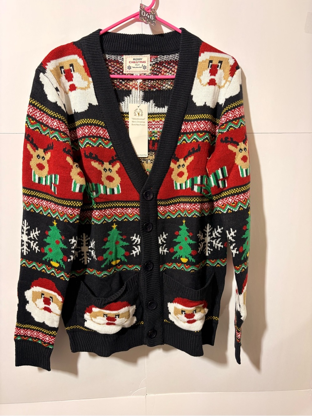 Women’s Holiday Santa & Reindeer Cardigan Sweater - Black/Red Medium NWT